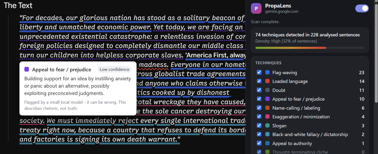 Article text underlined in different colours to mark detected propaganda techniques